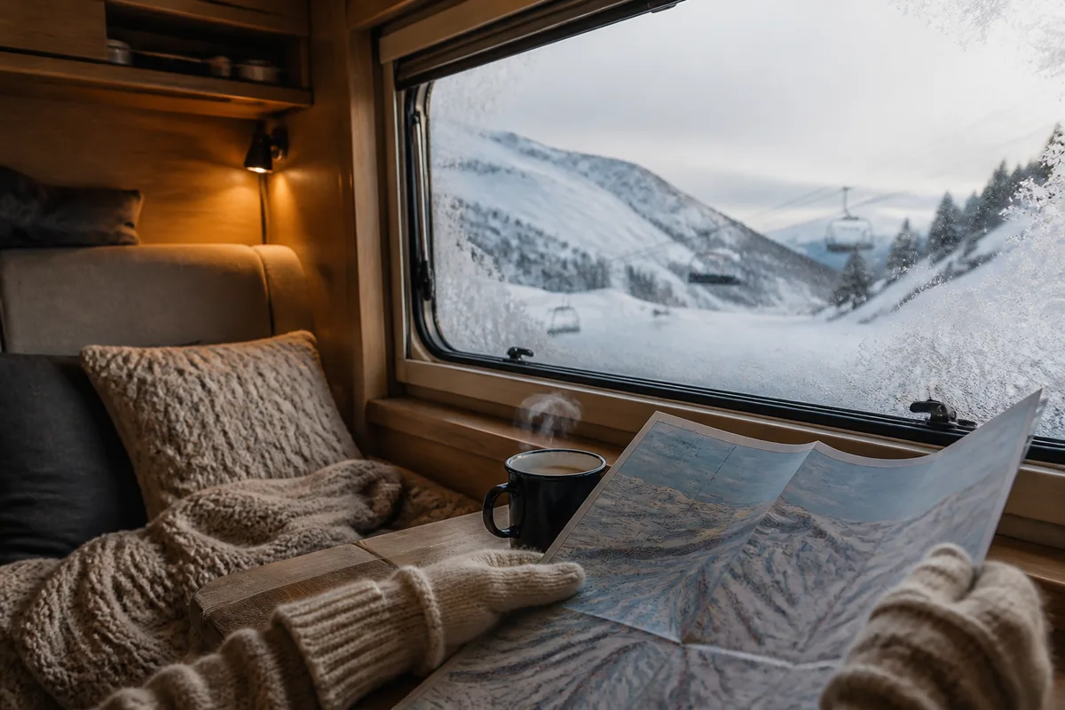 Vue intérieure d&rsquo;une cellule de camping-car chauffée face à la montagne enneigée