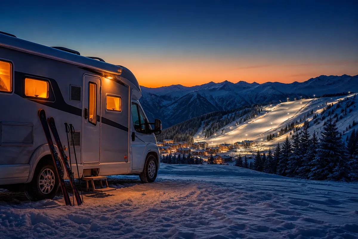 Camping-car garé sur un emplacement enneigé face au domaine skiable au crépuscule