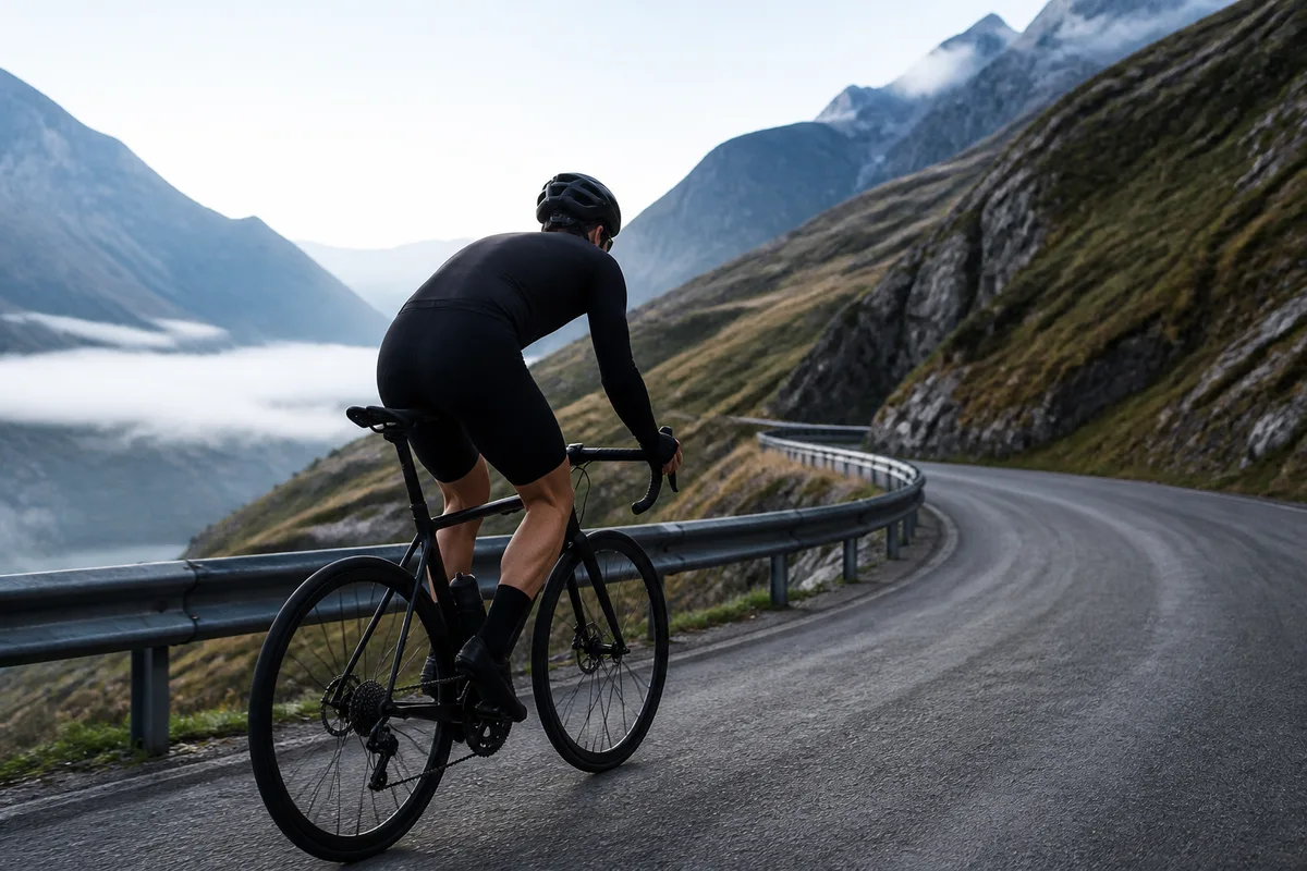 Cycliste en danseuse dans une épingle de haute montagne au petit matin