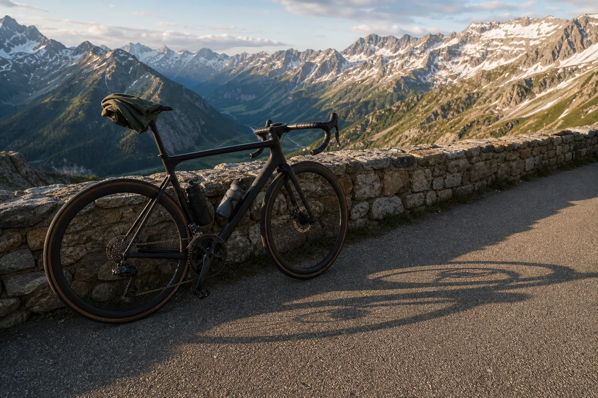 Vélo de route appuyé contre un muret face à un panorama de sommets enneigés