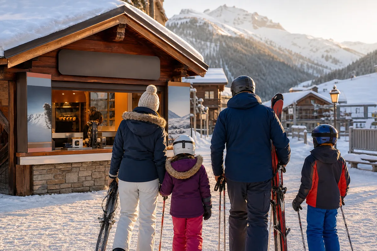Famille avec enfants devant les caisses des forfaits d’une station alpine