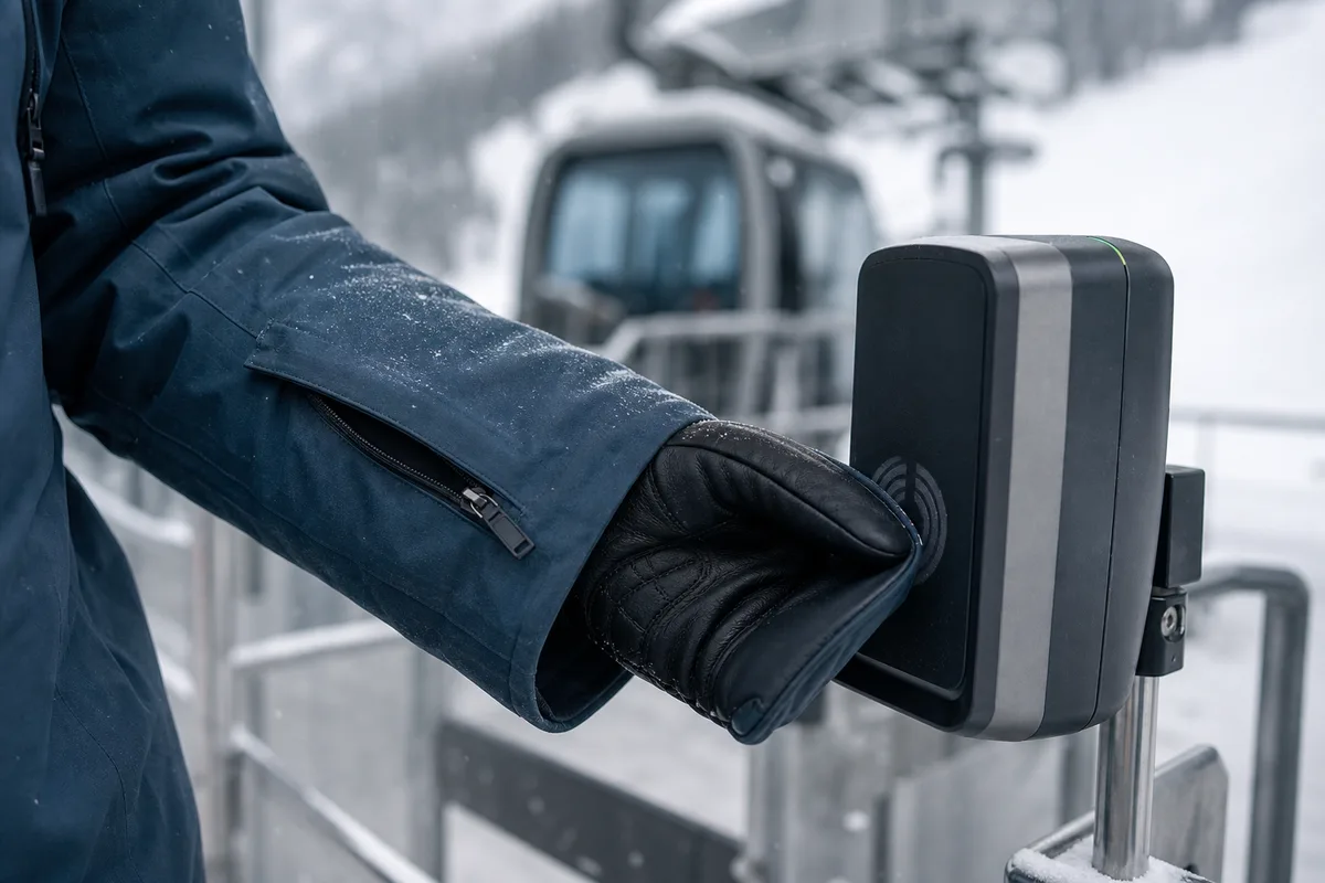 Skieur validant sa carte mains libres au portique d’un télésiège