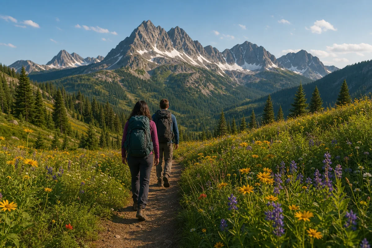 Randonneurs sur un sentier d&rsquo;alpage fleuri face aux sommets alpins en été