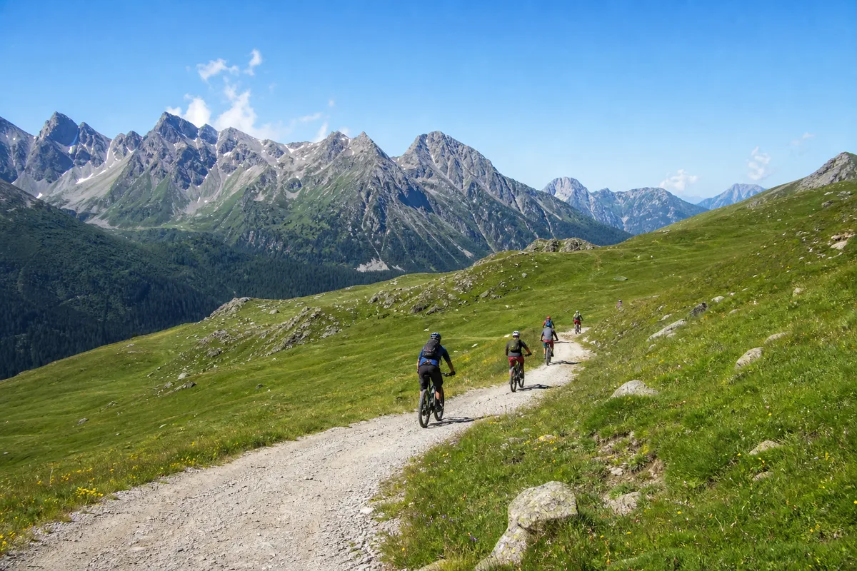 Famille à VTT sur un chemin d&rsquo;alpage avec panorama de montagnes en été