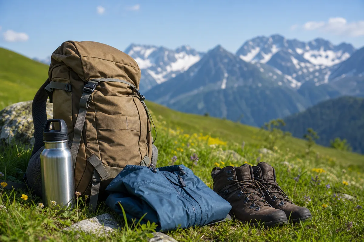 Sac à dos de randonnée avec gourde et veste posé dans l&rsquo;herbe face aux montagnes